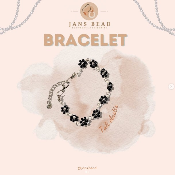 Gelang Manik Beads Ring Korea Bunga Manik-Manik Hitam Putih