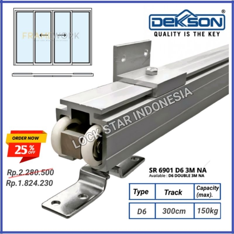Rel Pintu Geser Sliding 3 Meter / 2 Daun Pintu Rel Gantung Dekson SR D6 6901 Set Lengkap