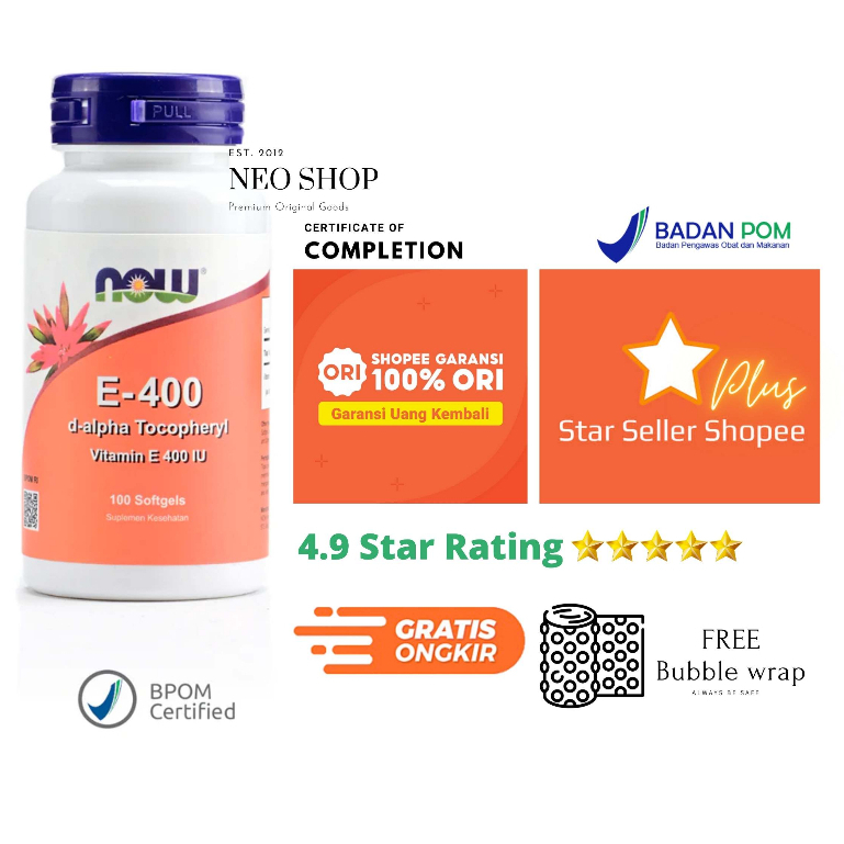 Now Foods Vitamin E 400 IU Vit E-400 E400 - 100 softgels (BPOM)