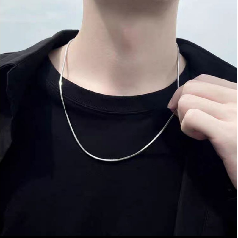 Kalung Titanium Pria Silver Perak Emas Putih Anti Karat Cowok Cewek Wanita Keren Silver Stainless St