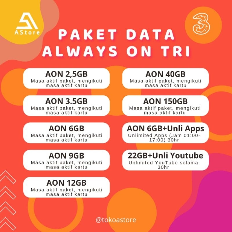 PAKET DATA AON / ALWAYS ON TRI / THREE TERMURAH PROMO UNLIMITED | 1,5 GB 2 GB 3 GB 6 GB 8 GB 10 GB 5