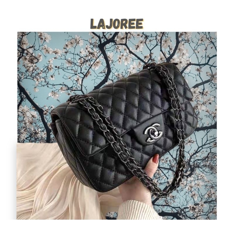 LAJOREE Black Solid Slingbag Tas Fashion Hitam Wanita Import Tali Rantai Selempang Pesta Ibu Ibu Kon