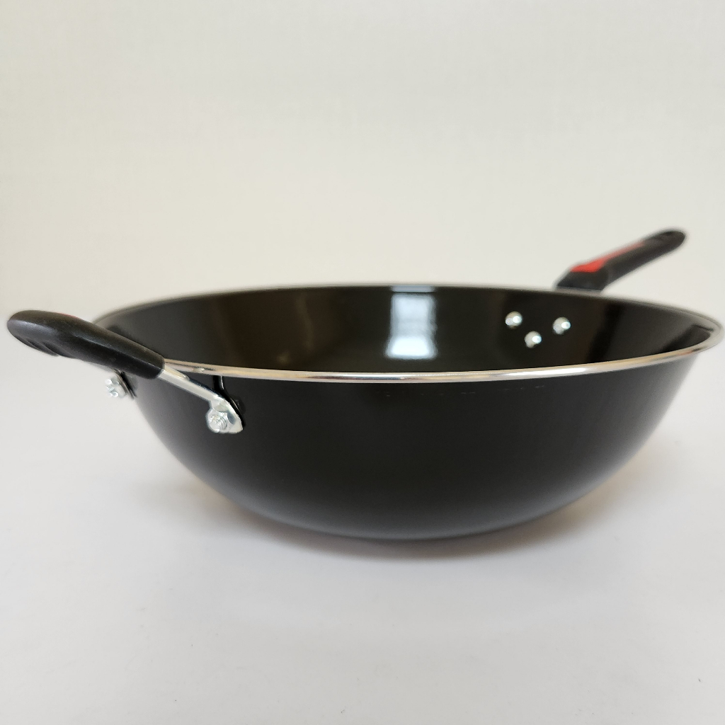 BEST QUALITY Wajan Cekung 38cm Anti Lengket, Kuali Hitam Enamel Gagang Panjang | Penggorengan Kwali 