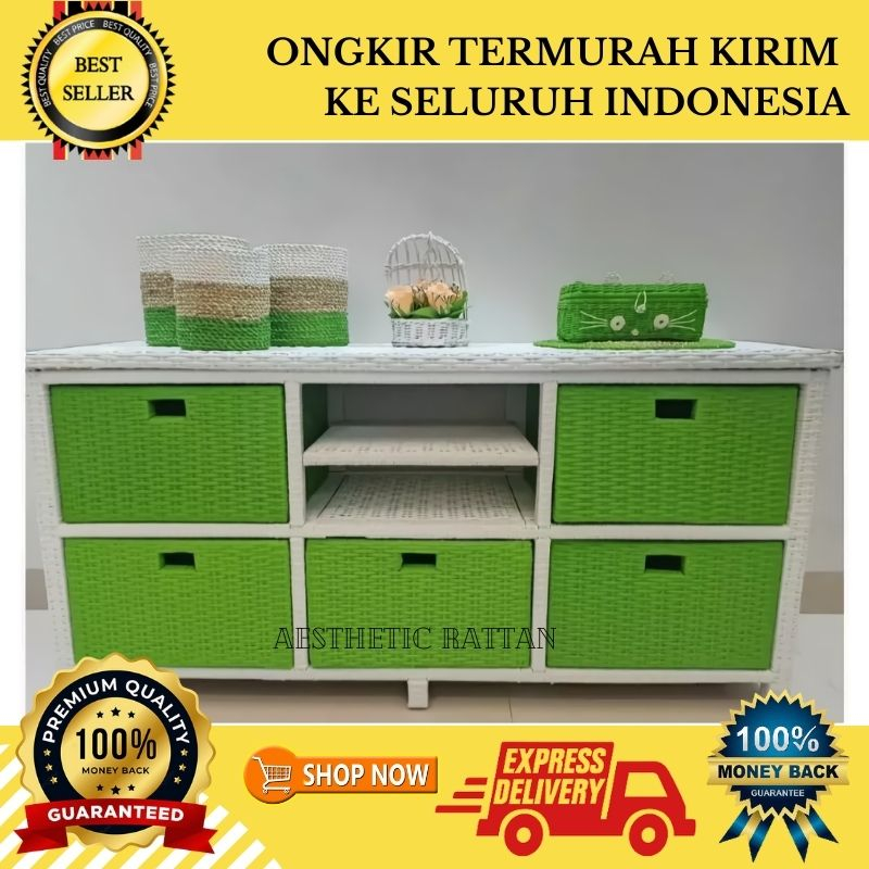 (Ready Stok) Rak Lemari Rotan Sintetis Dvd Laci 5 Meja Bufet Ruang Tamu Tempat Tv Buku Lemari Plasti