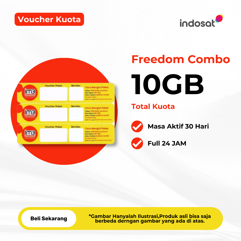 Voucher Kuota INDOSAT Freedom Combo 10GB 30 Hari Full 24 JAM - Voucher Kuota IM3 Freedom 10GB Full 2