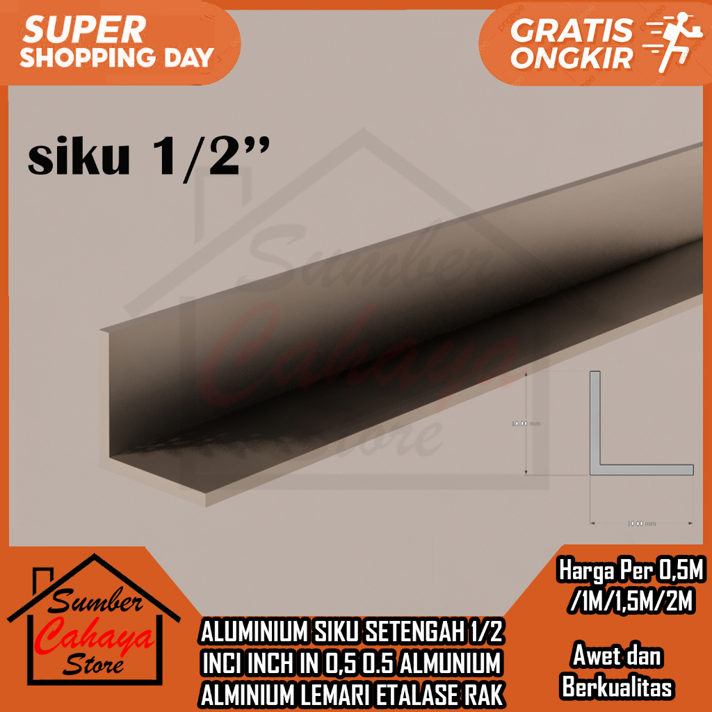 Aluminium Siku Setengah 1/2 Inci Inch In 0,5 0.5 Almunium Alminium Lemari Etalase Rak Silver Ca Coke