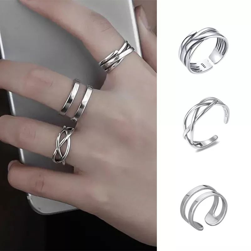 Cincin Pria Wanita#Cincin Pria#Cincin Set#3 Pcs/Set Cincin motif Kepang gaya Retro bahan metal warna