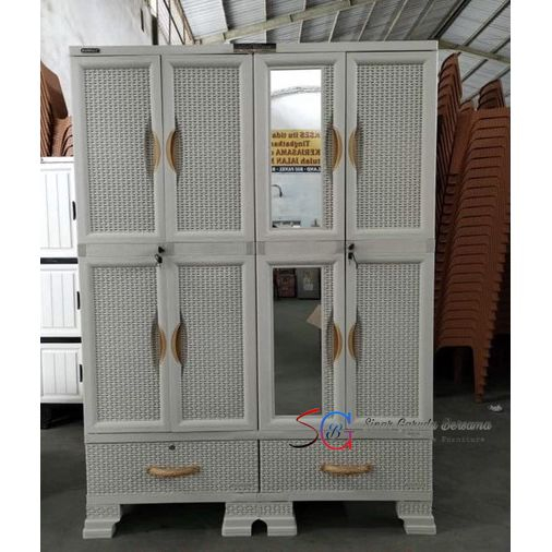 [JUMBO] ANTI AIR LEMARI PAKAIAN 4 PINTU PLASTIK KACA + GANTUNGAN + RAK + LACI / LEMARI BAJU 4 PINTU 