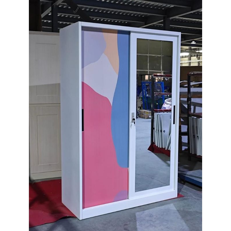 Lemari Pakaian Besi Pintu Geser Sliding 3 Rak Serbaguna Almari Baju Warna Putih Mewah