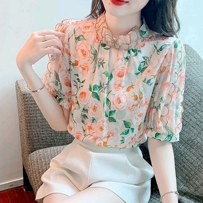 2274 Baju atasan blouse EMBROIDERY COLLAR FLORAL TOP lengan pendek motif bunga bunga2 Korea Korean l