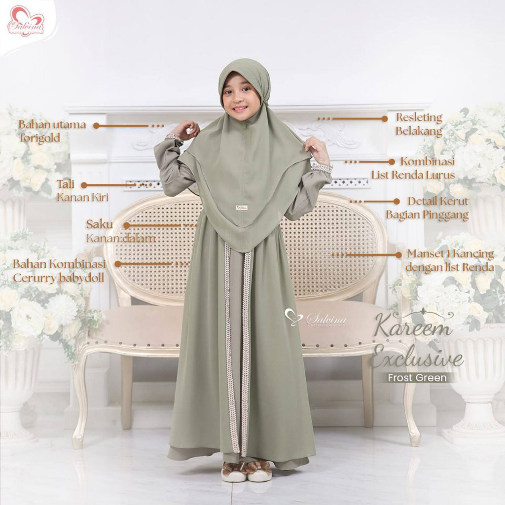 GAMIS ANAK KAREEM BY SALVINA SET HIJAB / BAJU KELUARGA LEBARAN SALVINA ORIGINAL TERBARU