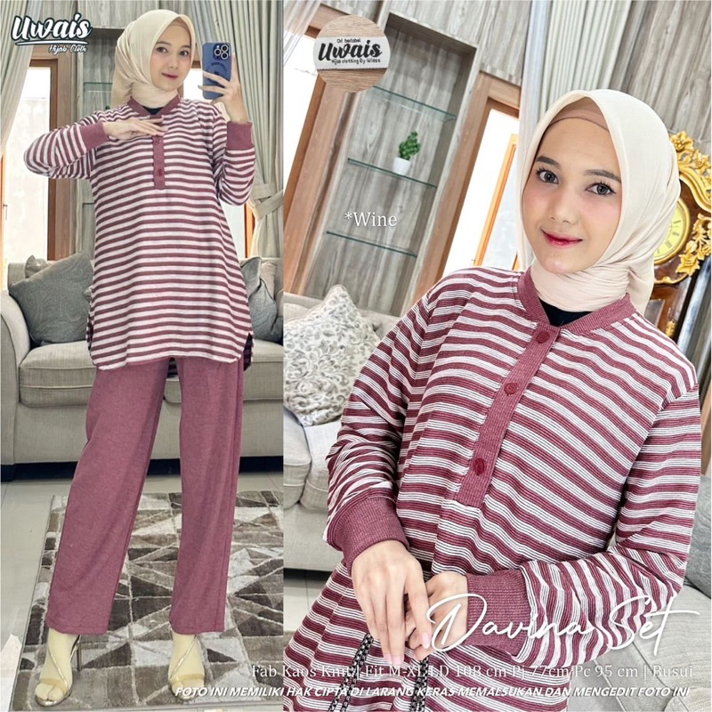 DAVINA SET BY UWAIS / SETCEL KNIT / ONESET MOTIF SALUR GARIS MURAH / SETELAN CELANA WANITA OLAHRAGA 