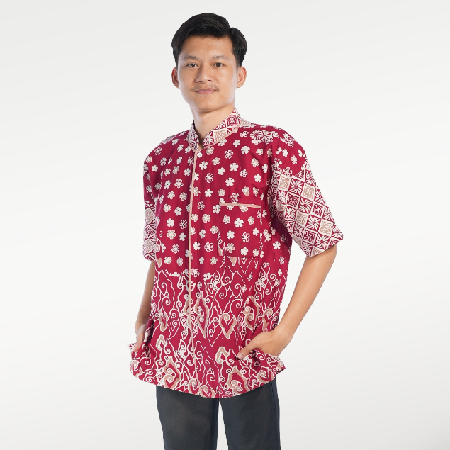 BATIK TRUSMI Atasan Pria Kemeja Batik Pria Lengan Pendek Batik Cap Motif Kirbung Merah