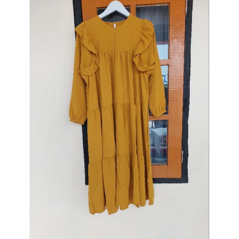 DRESS TUNIK MUSTARD KUNING KUNYIT BAJU MUSLIM CRINGKLE