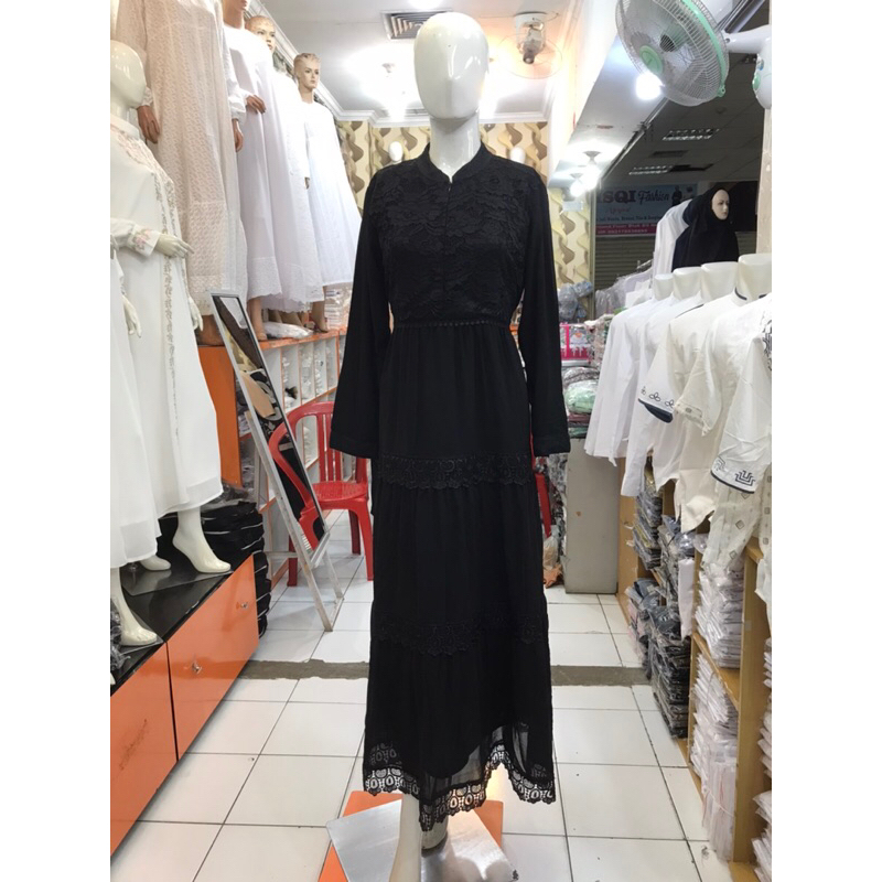 Gamis Dress Makkah berbahan519 Cerutti Baby Doll borkat di dada model bertingkat Model Simpel Terbar