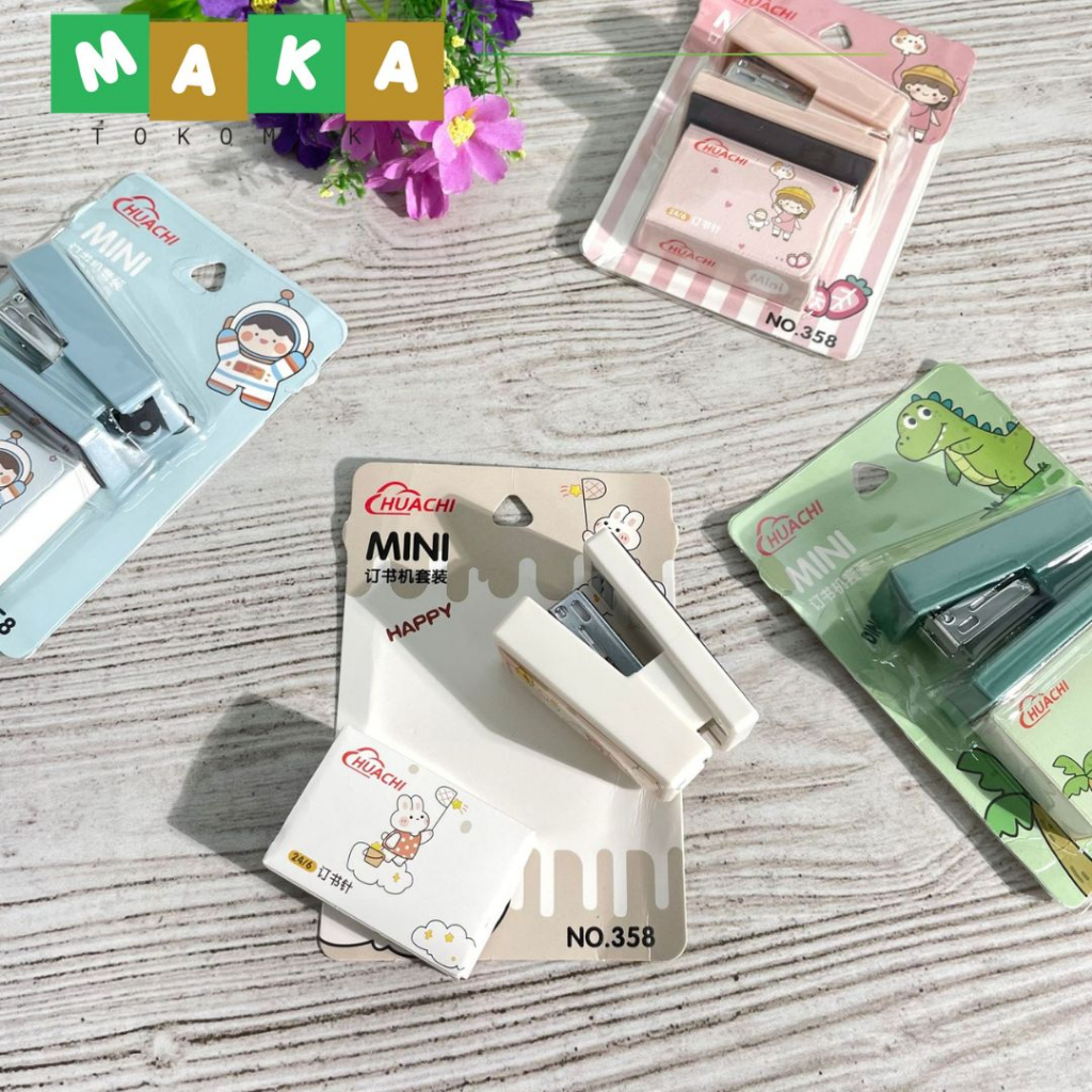 

paket staples mini + isi Huachi HC358 stapler mini jekrekan kecil perlengkapan alat tulis kantor peralatan sekolah