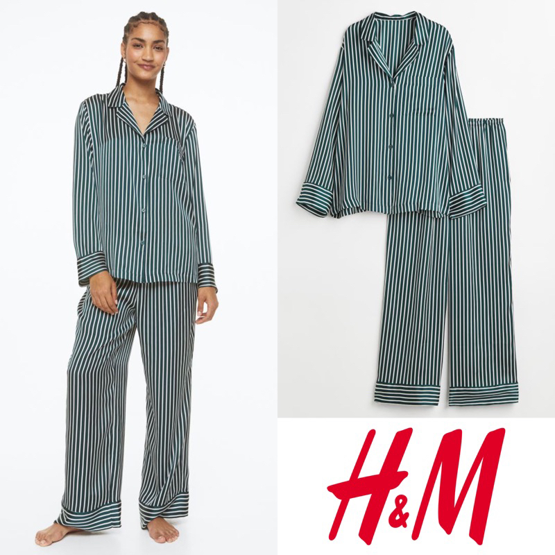 h&m hnm hm green stripe satin pajamas piyama set baju tidur