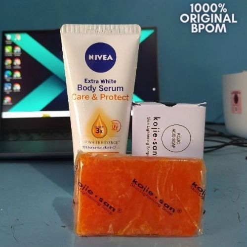 paket body care 2in1 nivea body serum care&protect 180ML + kojie san soap 65g