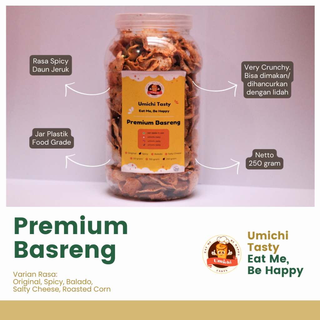 

(Ready Stock) Premium Basreng Bandung Daun Jeruk Umichi Tasty - Rasa Original, Pedas, Balado, Keju, Jagung Bakar (250 gram)