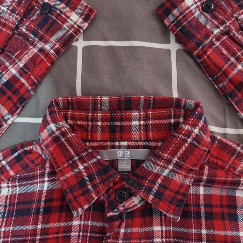 Kemeja Flannel Lengan Panjang, Uniqlo Flannel Shirt Second