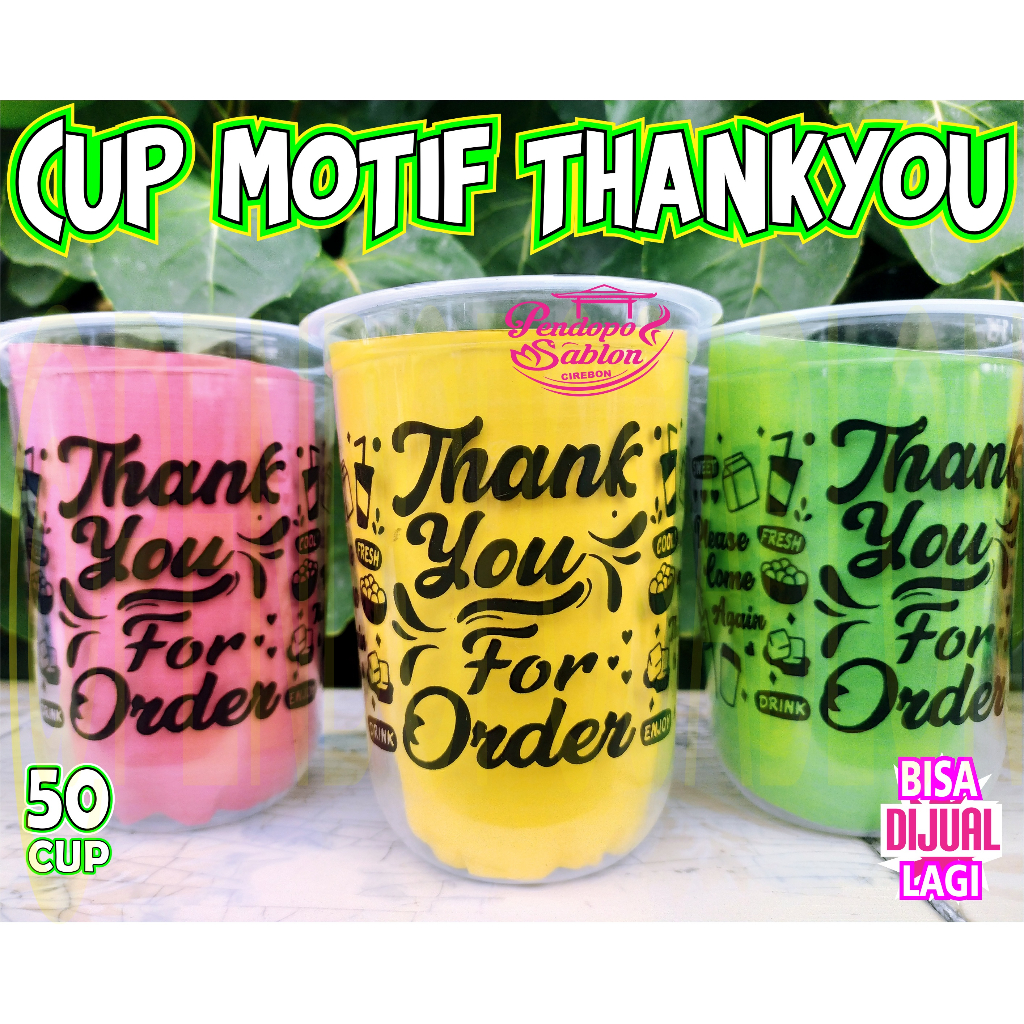 gelas cup minuman plastik MOTIF THANKYOU 14oz 16oz 18oz 22oz oval datar / cup teh / cup of tea