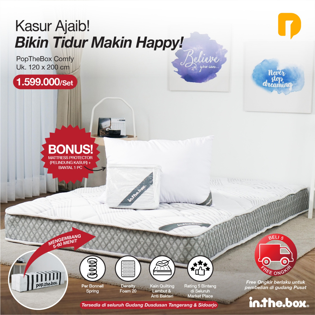 Kasur InTheBox Comfy Bonus Mattress Protector & 1 Pcs Bantal Kasur Spring Bed Kasur Busa Kasur Turu