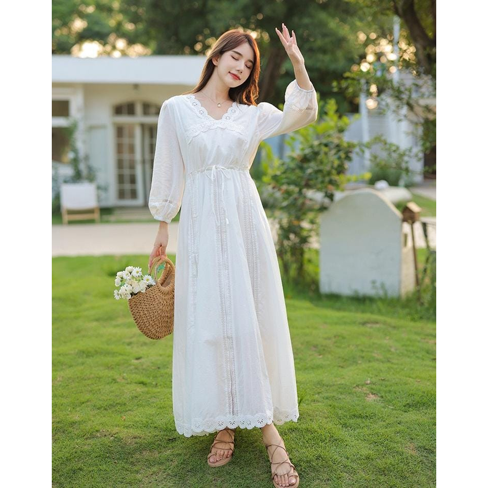 𝐑𝐄𝐀𝐃𝐘 𝐒𝐓𝐎𝐂𝐊 𝐒𝐀𝐅 - LEXIA white cotton long dress long sleeve woman premium / korean summer dress / be