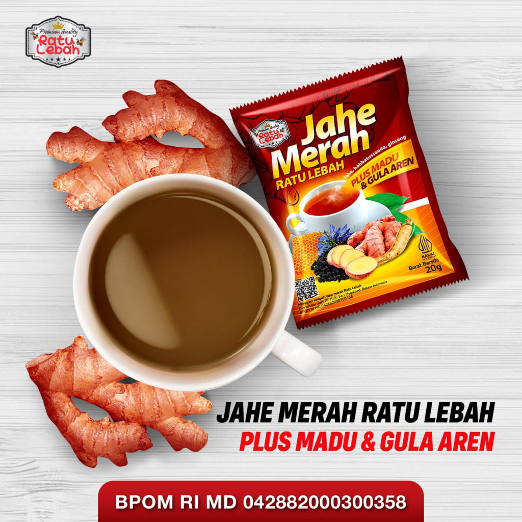 

Jahe Merah Ratu Lebah plus Madu Dan Gula Aren 1 Renceng (10 Sachet)