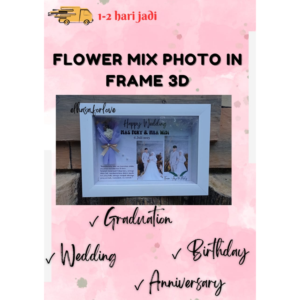 (TANPA PO) Kado flower in frame 3D - dried flower in frame - photo in frame - edelweiss in frame - k