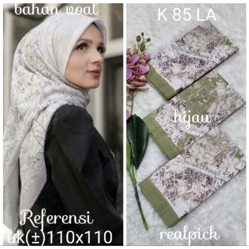 Promo Hijab Segi Empat Voal Motif Merak Warna Sage Jilbab Kerudung Terbaru