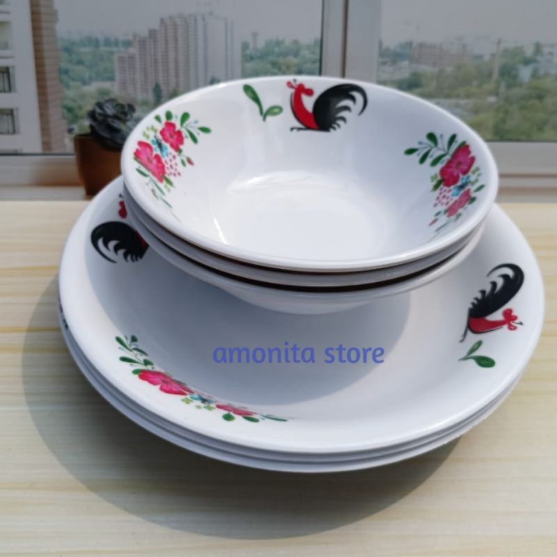 6 pcs  3 Piring dan 3 mangkok Melamin ayam jago | piring makan motif ayam | mangkuk ayam jago