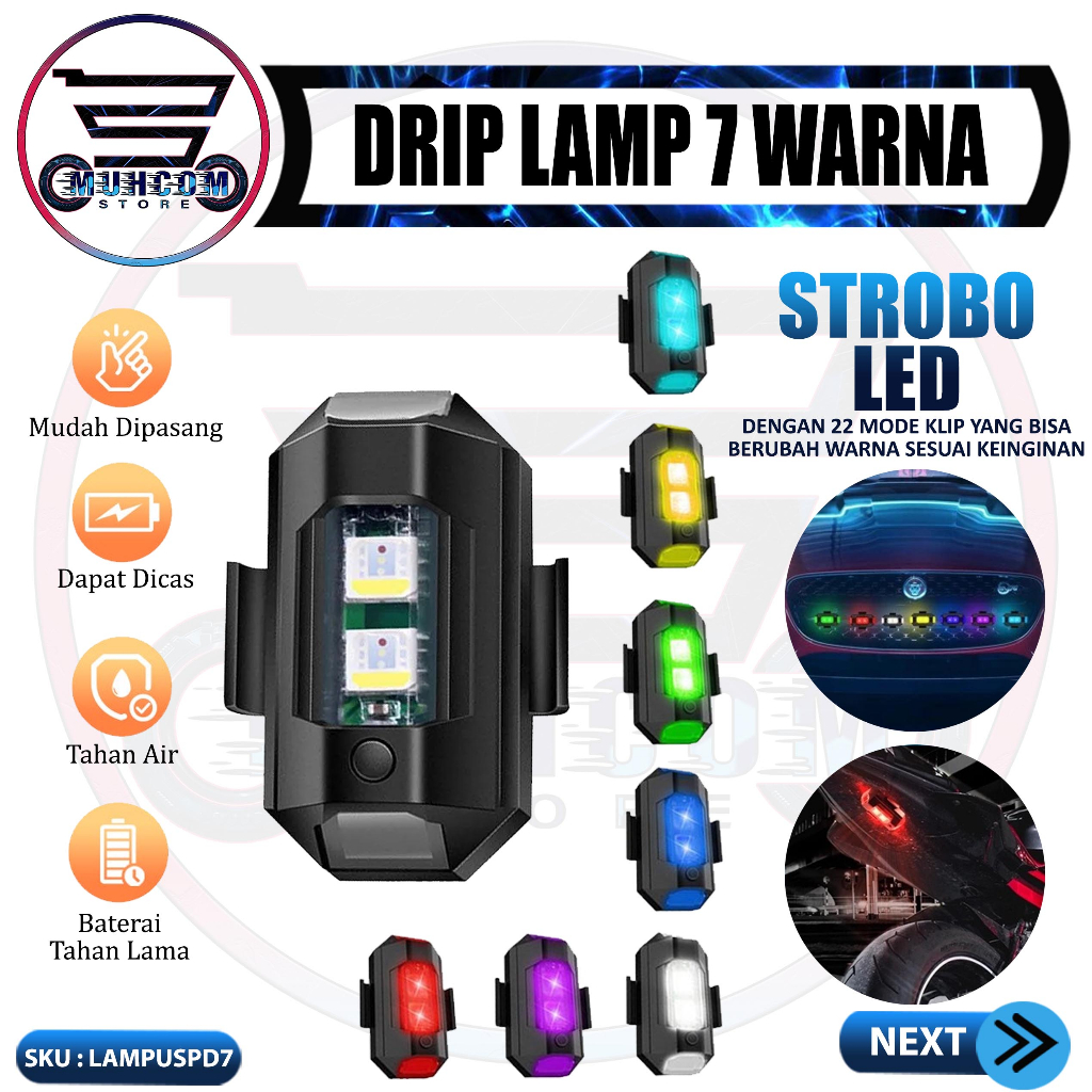 Drip Lamp Car Lampu LED RGB Multi 7 Warna Warni 22 Mode Kedip Taillight USB Lamp Waterproof Anti Tah