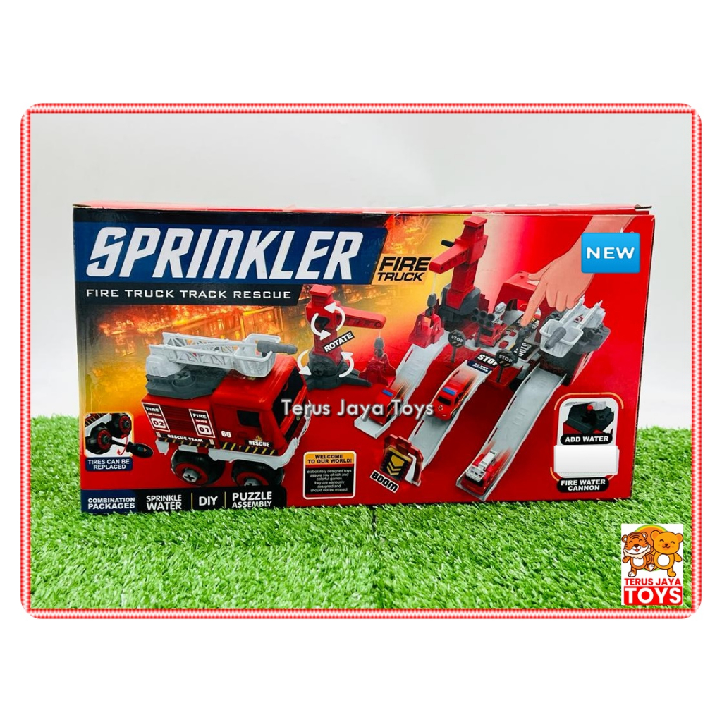 Mainan Mobil Pemadam Fire Truck Track DIY Puzzle Assembly Sprinkle Water