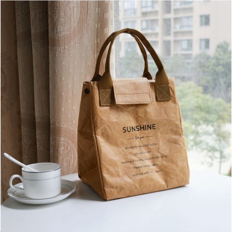 [bamboo] Kraft Paper Insulated Lunch Bento Bag with Handle | Tas Bekal Bahan Tyvek Kraft Zero Waste