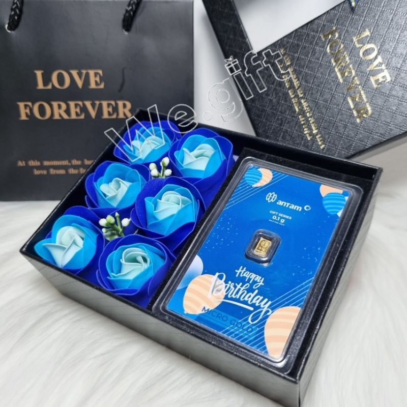 Mini Flower Box Mawar Sabun & Emas Antam 0,1gr utk Ultah, Wisuda, dll