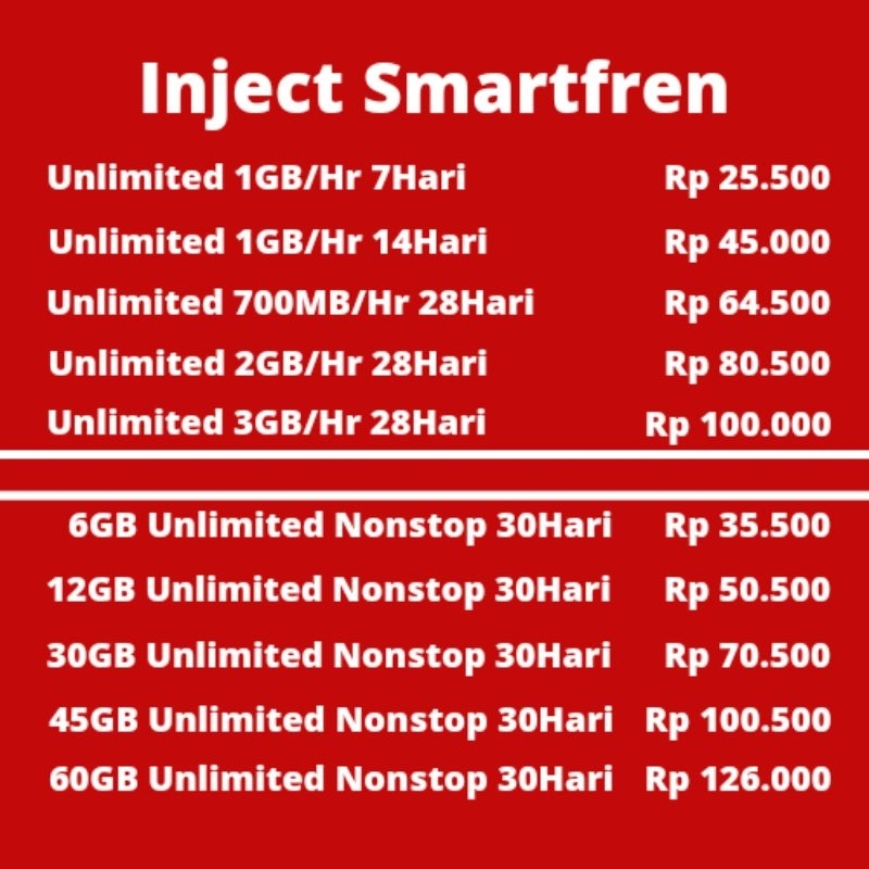 Paket Data Inject Smartfren Unlimited Nonstop Kuota Smartfren 6GB 12GB 30GB 45GB 60GB Unlimited Nonstop