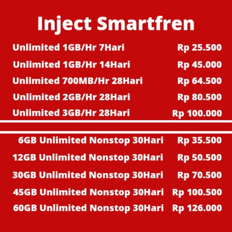 Paket Data Inject Smartfren Unlimited Nonstop Kuota Smartfren 6GB 12GB 30GB 45GB 60GB Unlimited Nons