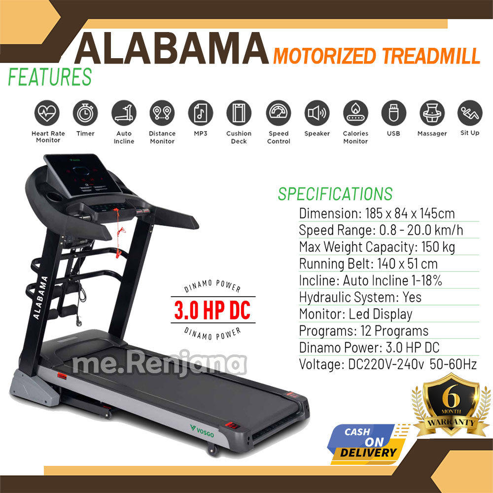 VOSGO - Alat Fitness Treadmill Elektrik Alabama 3 Fungsi Motor 3Hp