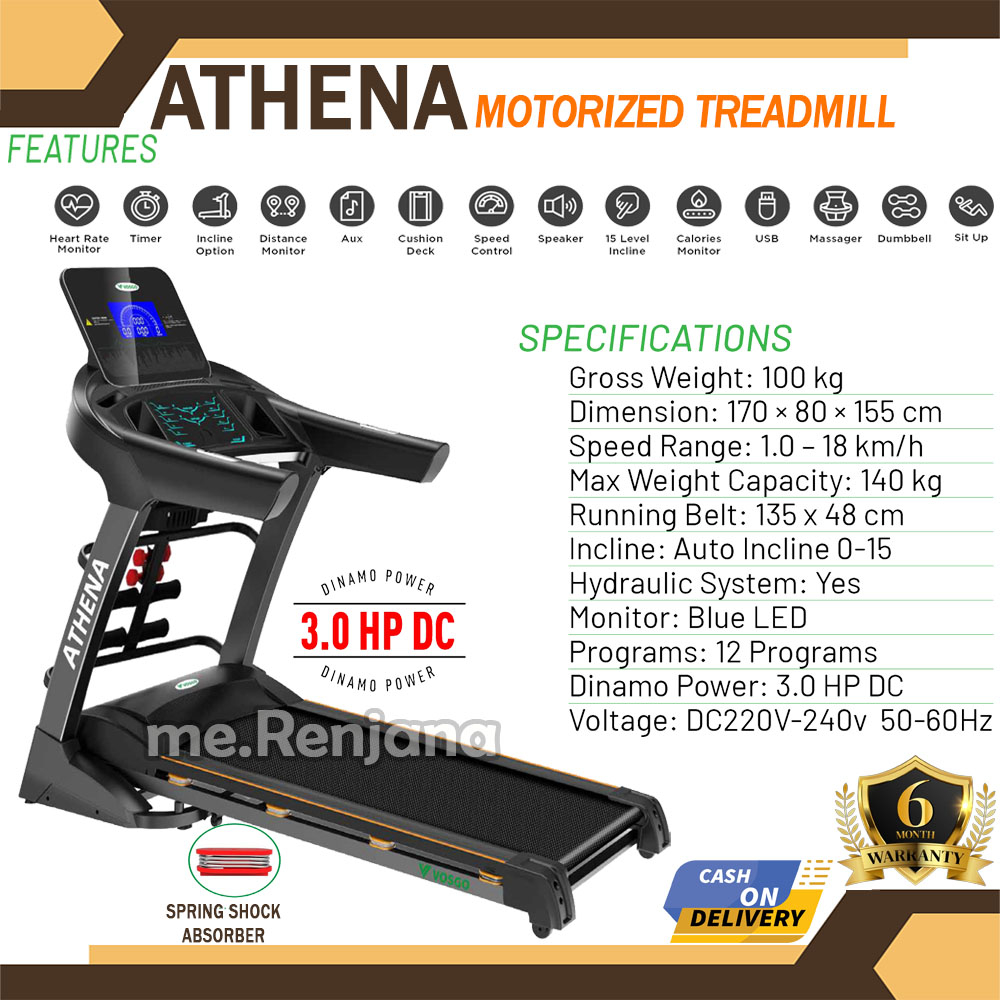 VOSGO - Alat Fitness Treadmill Elektrik Athena Alat Lari Multifungsi Motor 3hp