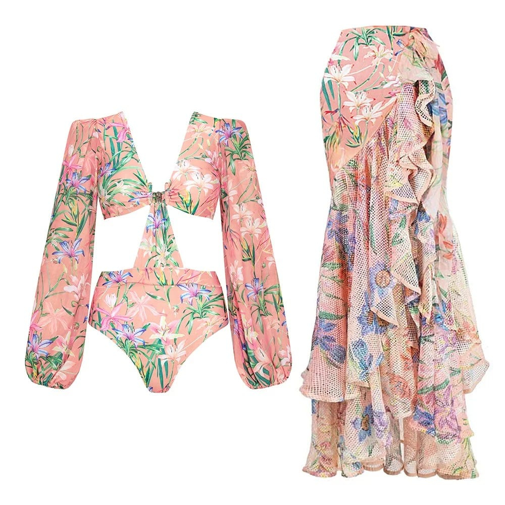 𝐑𝐄𝐀𝐃𝐘 𝐒𝐓𝐎𝐂𝐊 𝐒𝐀𝐅 - ALOHA pink swimsuit one piece long sleeve + skirt outer woman premium / baju renan