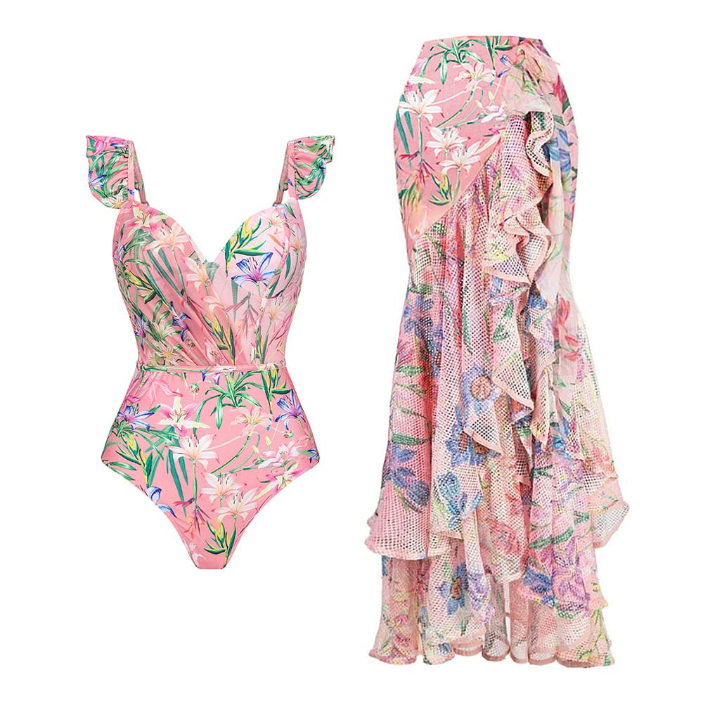 READY STOCK SAF - ALOHA pink bustier swimsuit one piece + cover up woman premium / baju renang wanit
