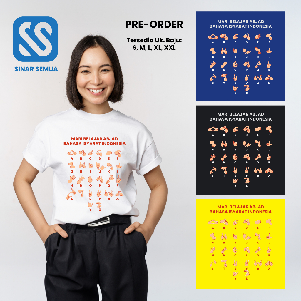 Baju Unisex bergambar Abjad Bahasa Isyarat Indonesia (Bisindo)