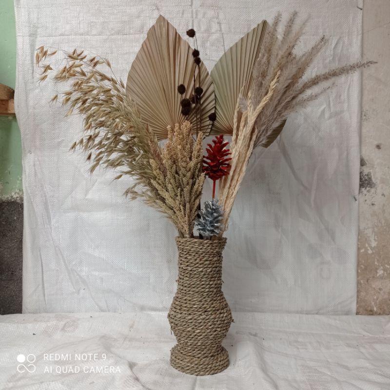 Paket bunga kering aesthetic dengan vas 20 cm untuk hiasan meja / bunga kering rustik