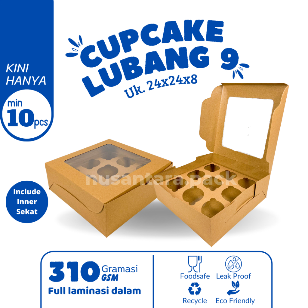 

Kotak Cupcake kraft Muffin Box Pudding Pie Coklat Lubang 9 24.5x24.5x8.5 CM