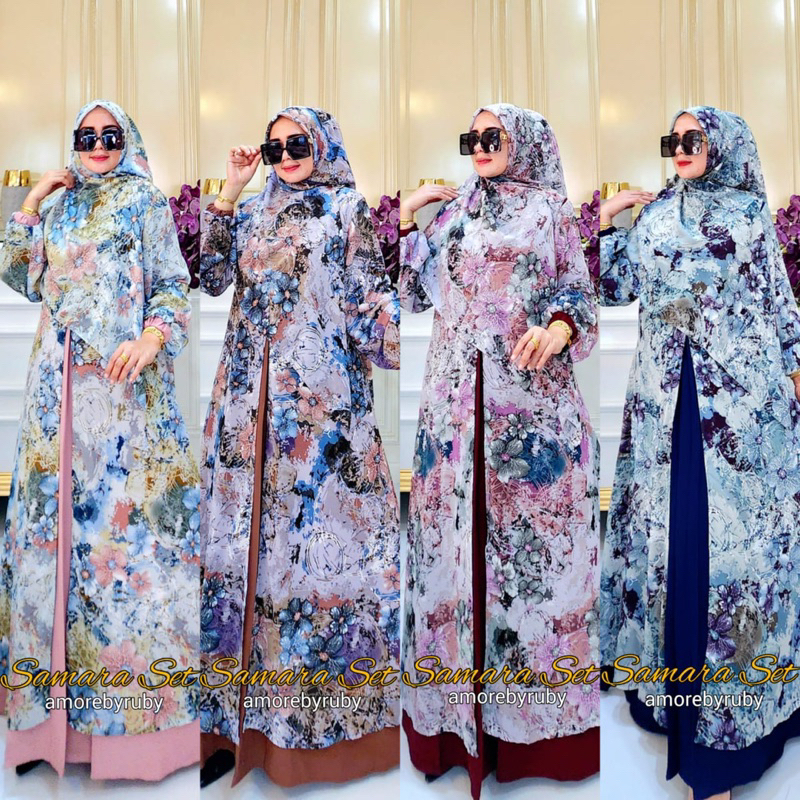 SAMARA SET GAMIS OUTER KERUDUNG DRESS MUSLIM AMORE BY RUBY GAMIS MOTIF BUNGA CERUTY BABYDOLL COD BUS