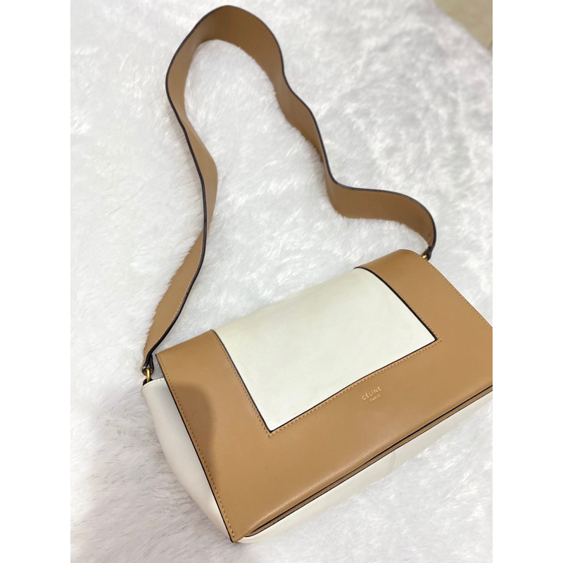 Tas CELINE Shiny Smooth Calfskin Medium Frame Shoulder Bag Tan Optic White