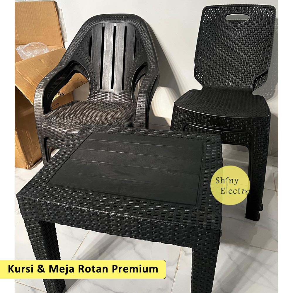 Kursi Sandar Dengan Lengan + Meja Santay Kopi Motif Rotan Plastik Murah ( Bangku Sandaran Tangan dan