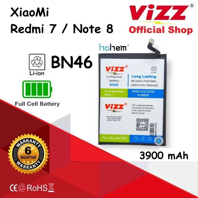 Baterai VIZZ Double Power Original XiaoMi Redmi 7 dan Note 8 BN46 Batre Batrai Handphone