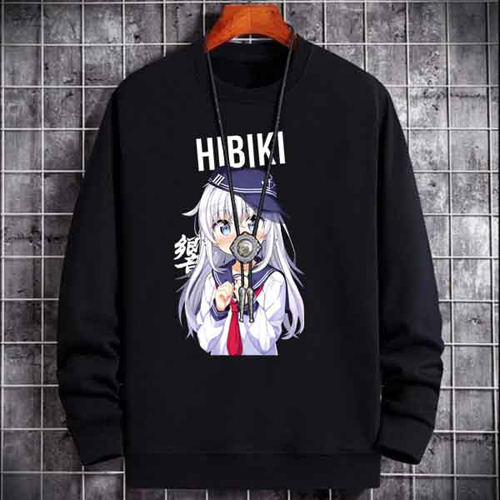 SWEATER CREWNECK Hibiki  KanColle SWEATSHIRT UNISEX BLACK PREMIUM COTTON FLEECE