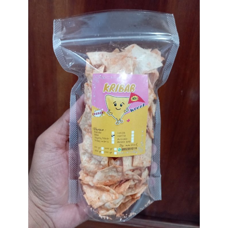 

Kripik kulit kebab kribab rasa BBQ renyah lezat /aneka cemilan ringan kribab rasa Bbq 100g